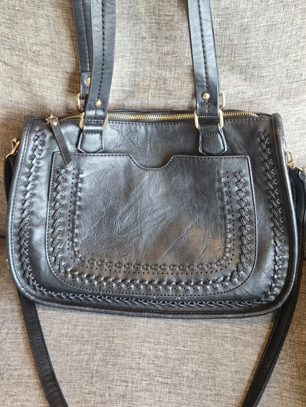 Madison West Ashely Saddle Black Tote Boho Handbag Purse Black
